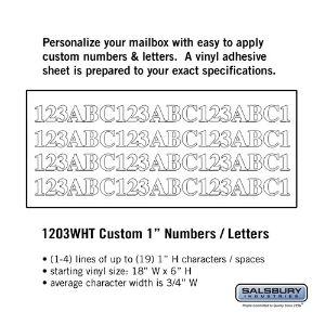 SALSBURY INDUSTRIES 1203WHT Custom Letter and Number Set, 0.75 x 1 Inch Size, Horizontal, White Vinyl | CE7GWV