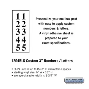 SALSBURY INDUSTRIES 1204BLK Custom Letter and Number Set, 1.75 x 3 Inch Size, Vertical, Black Vinyl | CE7GXB