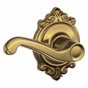 SCHLAGE F10 FLA 609 BRK Door Lever Lockset, Grade 2, Flair/Brookshire, Antique Brass, Not Keyed | CT9YET 49ZJ10