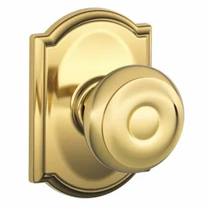 SCHLAGE F10 GEO 605 CAM Knob Lockset, 2, Georgian/Camelot, Bright Brass, Not Keyed | CT9ZRZ 49ZD13