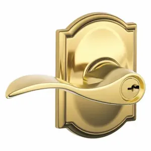 SCHLAGE F51A ACC 605 CAM Door Lever Lockset, Grade 2, Accent/Camelot, Bright Brass, Different, Lever | CT9XPQ 49ZR28