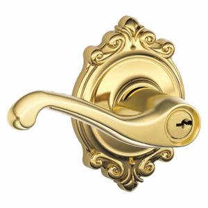 SCHLAGE F51A FLA 605 BRK Door Lever Lockset, Grade 2, Flair/Brookshire, Bright Brass, Different, Lever | CT9YFA 49ZT02