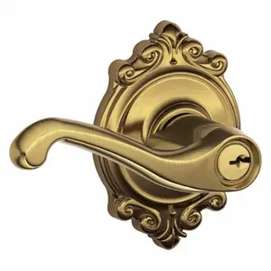 SCHLAGE F51A FLA 609 BRK Door Lever Lockset, Grade 2, Flair/Brookshire, Antique Brass, Different | CT9YER 49ZT07