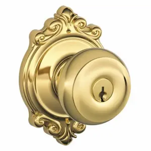 SCHLAGE F51A GEO 605 BRK Knob Lockset, 2, Georgian/Brookshire, Bright Brass, Different | CT9ZQY 49ZG23