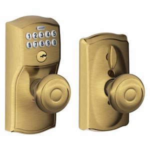 SCHLAGE FE595 CAM609GEO Residential Mechanical Push Button Lockset, Knob, Entry, Nonhanded, Antique Brass | CT9XFN 457F95