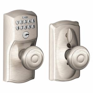 SCHLAGE FE595 CAM619GEO Residential Mechanical Push Button Lockset, Knob, Entry, Nonhanded, Satin Nickel | CT9XFQ 457F96