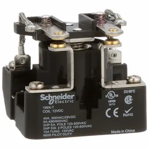 SCHNEIDER ELECTRIC 199X-7 Open Power Relay, Surface Mounted, 40 A Current Rating, 12V DC, 6 Pins/Terminals, DPST-NO | CU2CJR 6CUV1