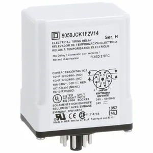 SCHNEIDER ELECTRIC 9050JCK1F2V14 Time Delay Relay, Socket Mounted, 24VAC/DC, 10 A, 8 Pins/Terminals, 0.1 sec to 2 sec | CU2EEU 55WY74