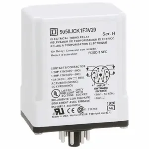 SCHNEIDER ELECTRIC 9050JCK1F3V20 Time Delay Relay, Socket Mounted, 120V DC, 10 A, 8 Pins/Terminals, 0.1 sec to 3 sec | CU2EEN 55WY77