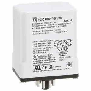 SCHNEIDER ELECTRIC 9050JCK1F90V20 Time Delay Relay, Socket Mounted, 110VAC, 10 A, 8 Pins/Terminals, 0.1 sec to 90 sec | CU2EEL 55WY81