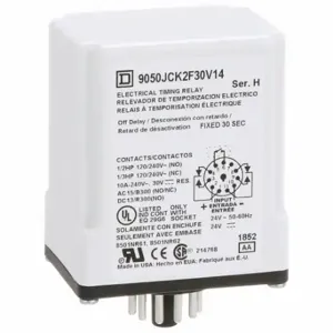 SCHNEIDER ELECTRIC 9050JCK2F30V14 Time Delay Relay, Socket Mounted, 24VAC/DC, 10 A, 11 Pins/Terminals, 0.1 sec to 30 sec | CU2EET 55WY92