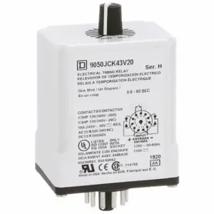 SCHNEIDER ELECTRIC 9050JCK43V20 Time Delay Relay, Socket Mounted, 120V DC, 10 A, 11 Pins/Terminals, 0.6 sec to 60 sec | CU2EEM 55WZ03