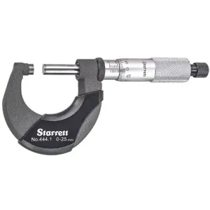 STARRETT 444.1MXRL-25 Mechanical Outside Micrometer, Metric, mm to 25 mm Range, +/-0.002 mm Accuracy, Flat | CU4NVP 53VC85