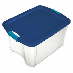 STERILITE 14449606 Storage Tote, 12 gal, 23 5/8 Inch x 18 5/8 Inch x 9 1/4 Inch, Clear Body, Blue Lid | CU4RNZ 52JL98