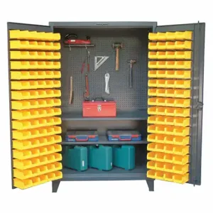 STRONG HOLD 46-BSPB-242 Pegboard Bin Cabinet, 48 Inch x 24 Inch 78 Inch, 2 Shelves, 144 Bins, Yellow, Flush, Gray | CU4UDJ 40V694