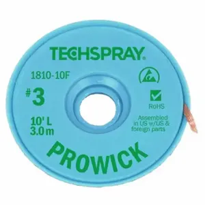 TECHSPRAY 1810-10F Desoldering Braid, Rosin Flux, # 3, 0.075 Inch, 10 Ft, Green, Esd-Safe | CU6DWE 6KCJ0