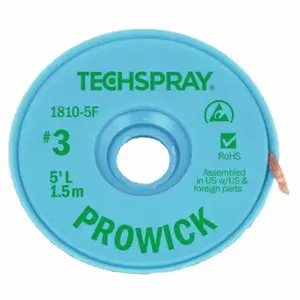 TECHSPRAY 1810-5F Desoldering Braid, Rosin Flux, # 3, 0.075 Inch, 5 Ft, Green, Esd-Safe | CU6DWC 6KCH9