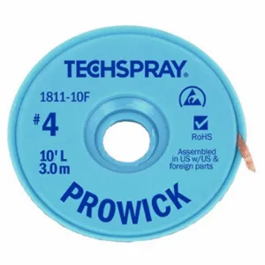 TECHSPRAY 1811-5F Desoldering Braid, Rosin Flux, # 4, 0.098 Inch, 5 Ft, Blue, Esd-Safe | CU6DWD 6KCJ1