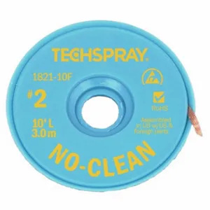 TECHSPRAY 1821-10F Desoldering Braid, No-Clean Flux, # 2, 0.055 Inch, 10 Ft, Yellow, Esd-Safe | CU6DVV 6KCJ4