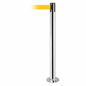 TENSABARRIER 889F-1P-1P-MAX-NO-Y5X-C Fixed Barrier Post With Belt, Polished Chrome, 36 1/2 Inch Post Height, Flange, Yellow | CU6HWD 20YG71