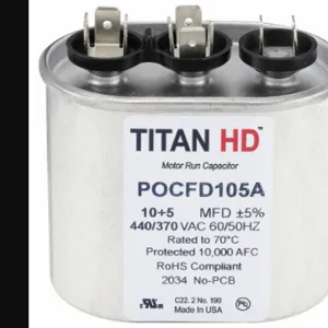 TITAN HD POCFD105A Motor Dual Run Capacitor, Oval, 440/370V AC, 10/5 mfd, 2 7/8 Inch Overall Height | CU6RWY 61UN44