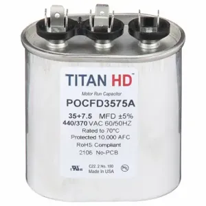 TITAN HD POCFD3575A Motor Dual Run Capacitor, Oval, 440/370V AC, 35/7 mfd, 3 13/32 Inch Overall Height | CU6RXN 61UN59