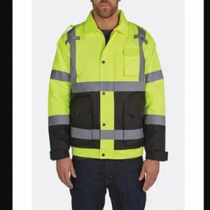 UTILITY PRO UHV562-L-YB Bomber Jacket, ANSI Class 3, L, Black/Yellow, Zipper and Snaps, 6 Pockets, Jacket | CU7PWA 33VP44