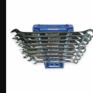 WESTWARD 1LCD3 Combination Wrench Set, Alloy Steel, Chrome, 8 Tools, 8 mm to 19 mm Range of Head Sizes | CU9ZQV