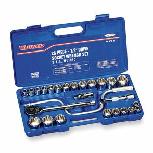 WESTWARD 4PM03 Socket Wrench Set, 1/2 Inch Drive Size, 26 Pieces, 6-Point, 12-Point | CJ3LYD