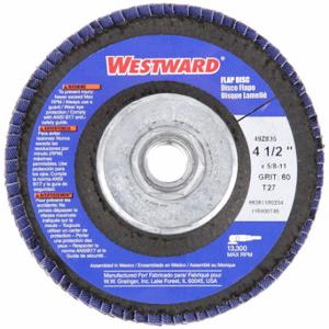 WESTWARD 66261180334 Flap Disc, Type 27, 4 1/2 Inch x 5/8 11, Zirconia Alumina, 60 Grit | CU9XMV 49Z835