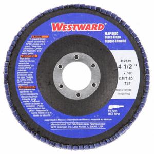 WESTWARD 66261180338 Flap Disc, Type 27, 4 1/2 Inch x 7/8 Inch, Zirconia Alumina, 60 Grit | CU9XND 49Z839