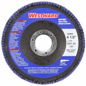 WESTWARD 66261180339 Flap Disc, Type 27, 4 1/2 Inch x 7/8 Inch, Zirconia Alumina, 80 Grit | CU9XNE 49Z840