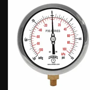 WINTERS INSTRUMENTS P3S6001 Industrial Compound Gauge, 30 to 0 to 15 Inch Size Hg/psi, 4 1/2 Inch Size Dial | CR4BRY 491A79