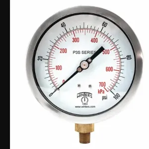 WINTERS INSTRUMENTS P3S6011-MAXI45 Industrial Pressure Gauge, 0 to 100 PSI, 4 1/2 Inch Size Dial, 1/4 Inch Size NPT Male | CR3YRN 491A85