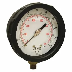 WINTERS INSTRUMENTS PCC604C-1Y Industrial Pressure Gauge, Red, 0 To 100 PSI, 4 Inch Dial, 1/4 Inch Npt Male, Plastic | CV3RYU 491F08