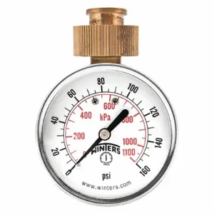 WINTERS INSTRUMENTS PETW213 Maximum Pointer Water Gauge, Air Over Water Test Gauge, Air/Gas/Water, 0 to 160 PSI, Top | CV3TQZ 489F24