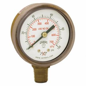 WINTERS INSTRUMENTS PWL2722 Welding Regulator Pressure Gauge, Non-Sparking, Brass, 0 to 100 psi, 2 Inch Dial, Bottom | CV3TLC 491D45